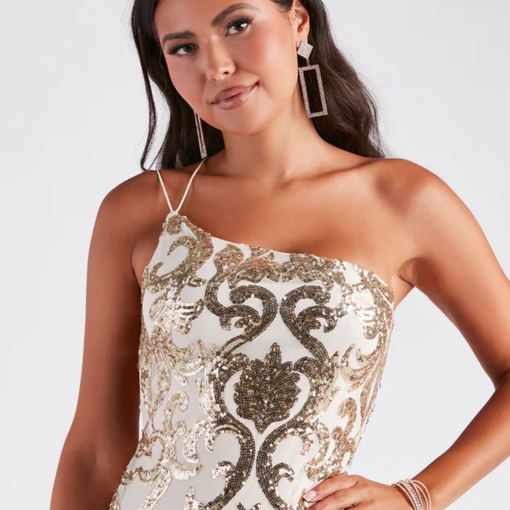 Windsor One Shoulder Dress with Gold Sequins
